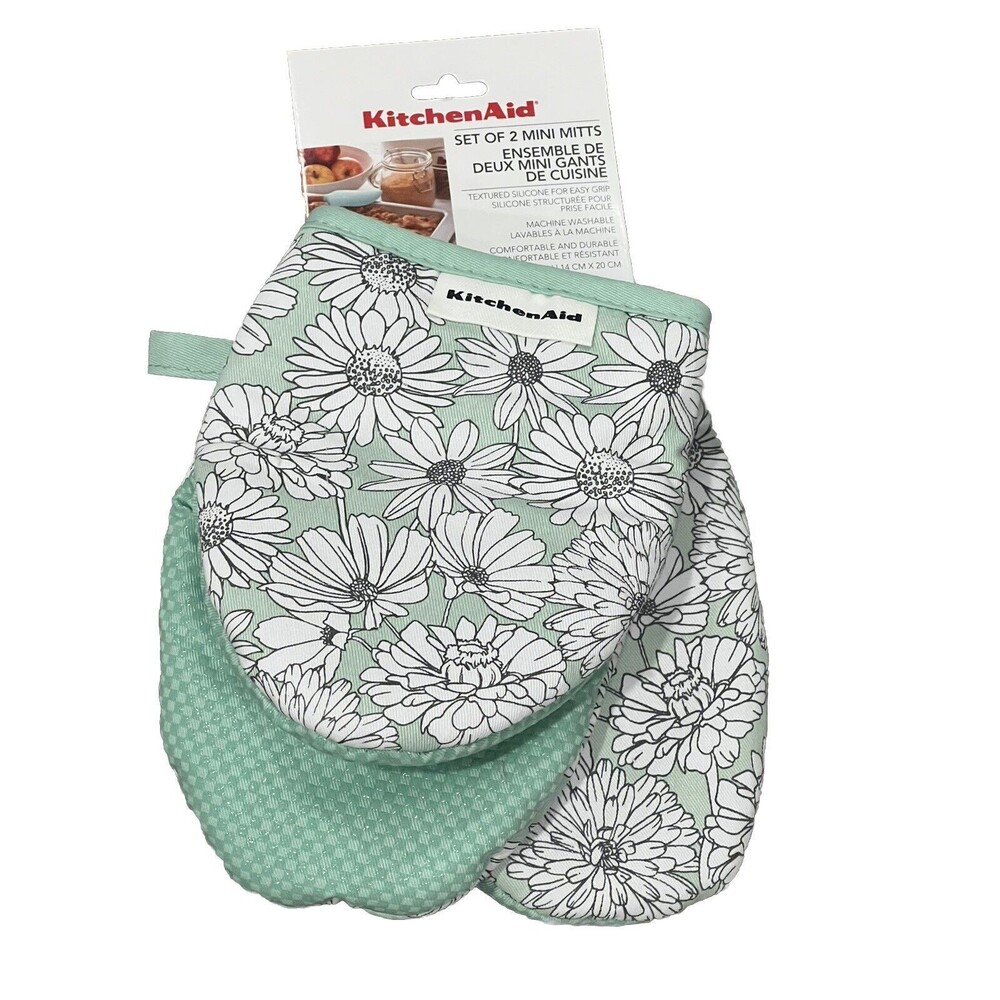 KITCHENAID MINI MITTS (2) SILICONE GRIP GREEN DAISIES 100% COTTON New
